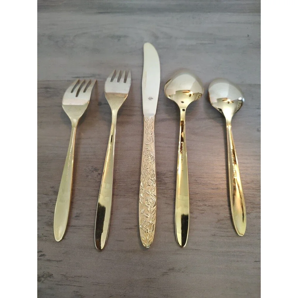 Cosmos CSM42G Golden Plantation Rose Gold Plated Flatware - 5 Pc Place Setting